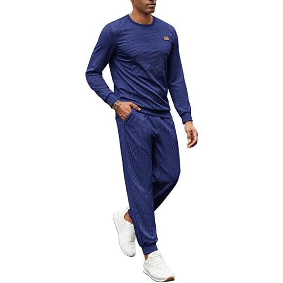 Men's 2 Piece Sweat suit Jogging Suit Set Long Sleeve Jacquard Shirt Navy Blue - Picture 3 of 6